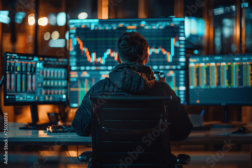 A man sits behind modern large monitors and sells on the exchange, bitcoin, coin schedule. © PHAISITSAWAN