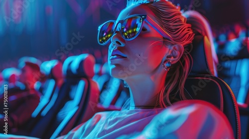  Cinematic Audience Experience, young woman enjoys a vibrant cinematic experience, immersed in the neon glow of a movie theater © Viktorikus
