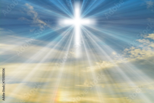Easter illustration with a shining cross and lightbeam on  defocused cloudy sky at sunset.