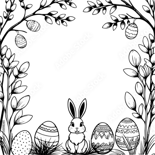 A black and white drawing of a rabbit sitting in front of a frame of Easter eggs