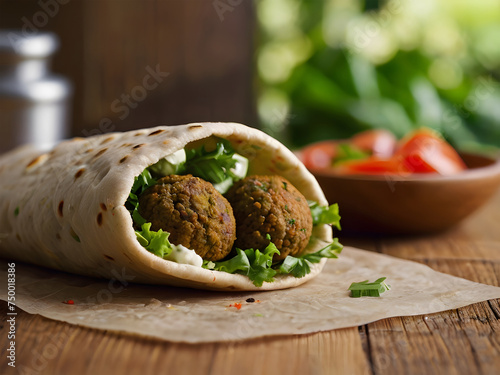 Falafel and fresh vegetables in pita bread on wooden table photo