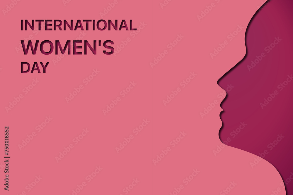 International Women's Day: a symbolic face of a woman on the right and the event title on the left against a vibrant purple-pink backdrop. International Women's Day: a symbolic face of a woman on the right and the event title on the left against a vibrant purple-pink backdrop.