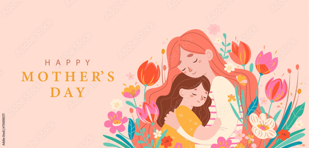 Happy mother day 2024, greeting card.Horizontal banner with mom and daugter hugs among flowers in pastel colors.Template for your design. Cute little girl greeting her mother.Vector illustration. Happy mother day 2024, greeting card.Horizontal banner with mom and daugter hugs among flowers in pastel colors.Template for your design. Cute little girl greeting her mother.Vector illustration.