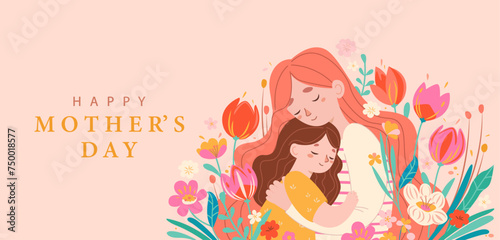 Happy mother day 2024  greeting card.Horizontal banner with mom and daugter hugs among flowers in pastel colors.Template for your design. Cute little girl greeting her mother.Vector illustration.