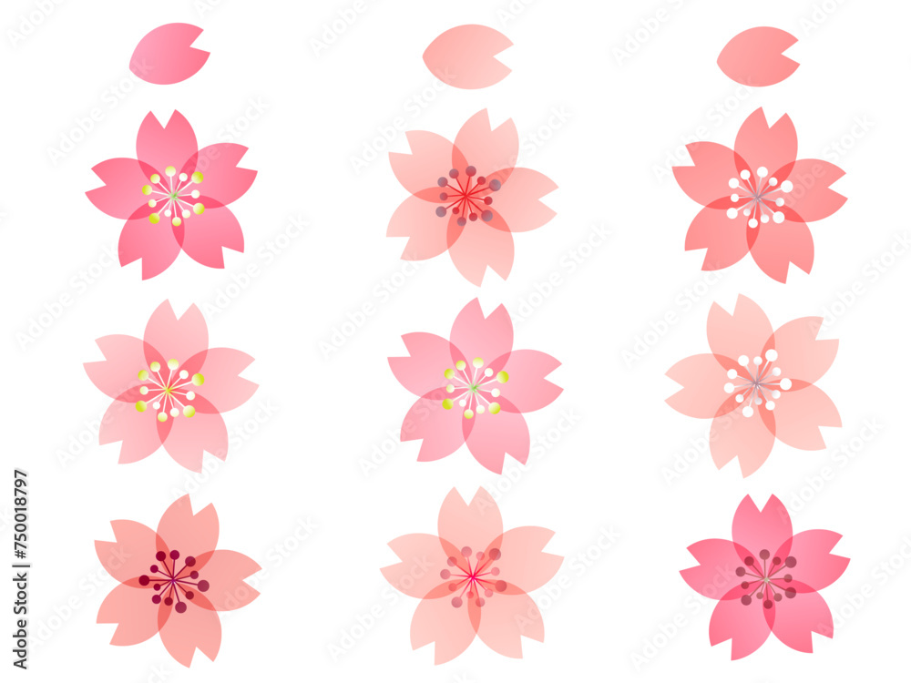 ワンポイントにもデザインにも使えるカラフルな9種のバリエーションの桜のイラスト