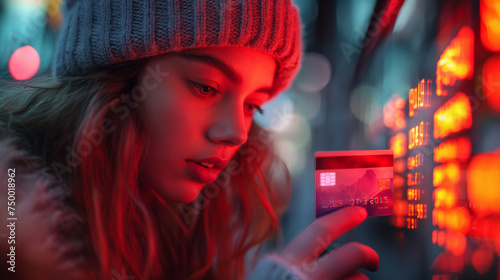 Woman in a festive red sweater holding a credit card  ready for holiday shopping  with Christmas gifts and lights in the background