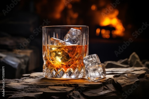 Whiskey glass with clearly visible ice cubes for capturing composition in stock photo