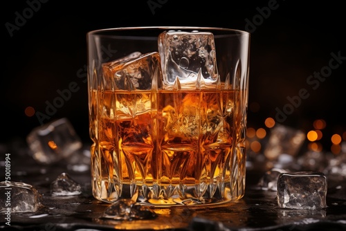 Elegant whiskey glass composition showcasing crystal-clear ice for premium cocktails and beverages