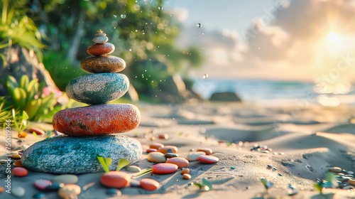 Zen Balance by the Beach, Stack of Stones Against the Sea, Meditation and Harmony in Nature