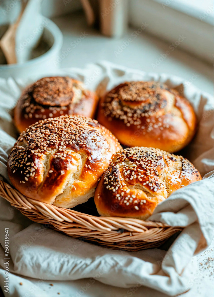 homemade buns with sesame seeds in a basket. Selective focus. homemade buns with sesame seeds in a basket. Selective focus.