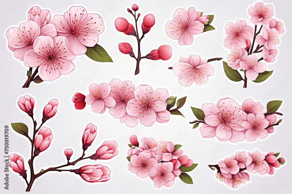 Collection of watercolor cherry blossoms flowers and leaves sticker clipart isolated on a white background
