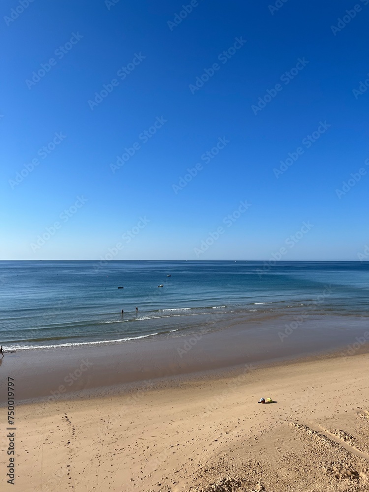 Sandy ocean beach, shoreline, clear blue sky, blue seascape horizon 