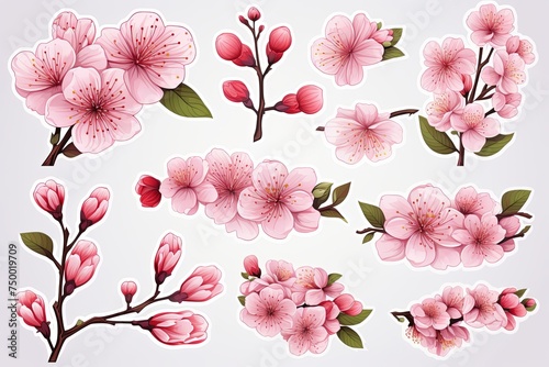 Collection of watercolor cherry blossoms flowers and leaves sticker clipart isolated on a white background © pixeness