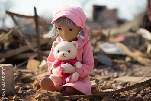 Adorable plush toy sit serenely amid the ruins of destroyed buildings