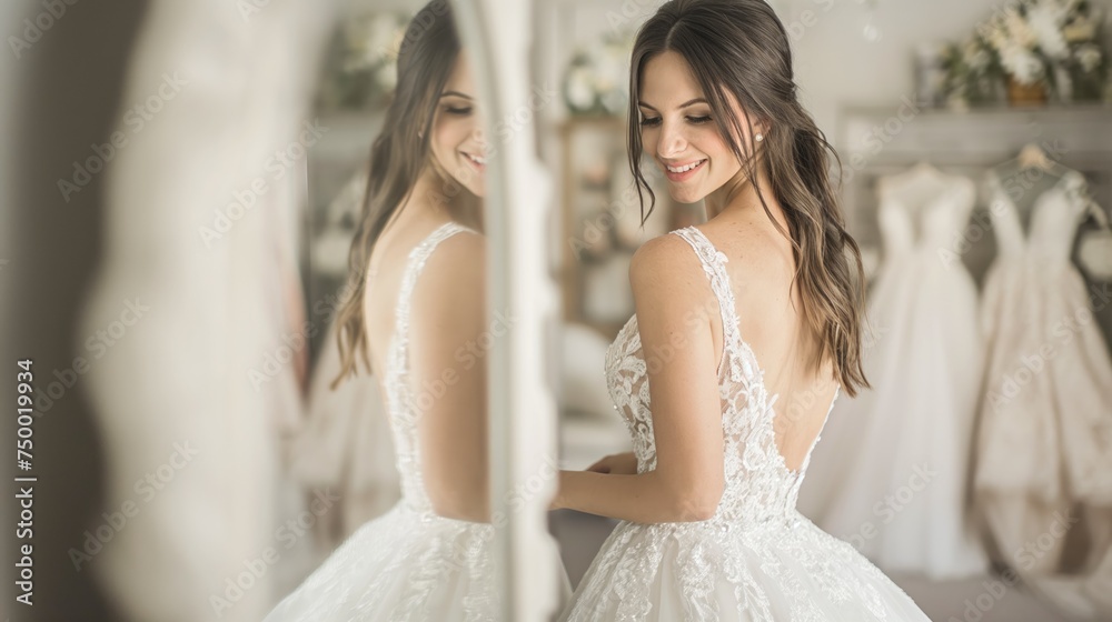 Naklejka premium A radiant bride smiles softly while trying on a luxurious lace wedding dress in a boutique setting..