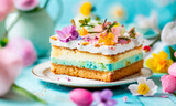 piece of cake decorated with flowers. Selective focus.