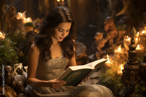 Happy young girl enjoying reading a book while relaxing in the peaceful reeds by the lake