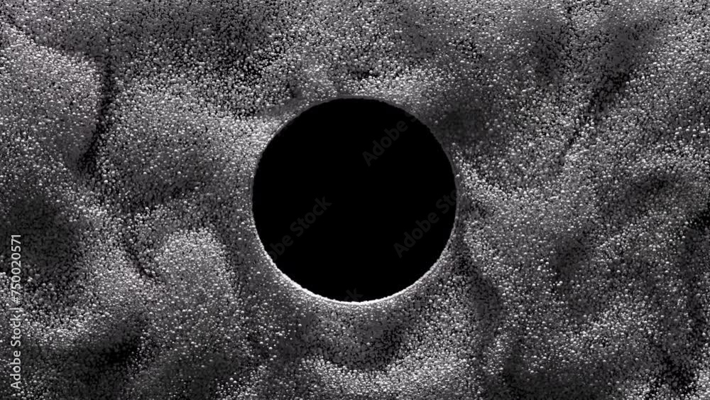 Black hole on turbulent particle background made from white spheres, small orbs move like a fluid with dark matter in the center. Abstract 3D background.