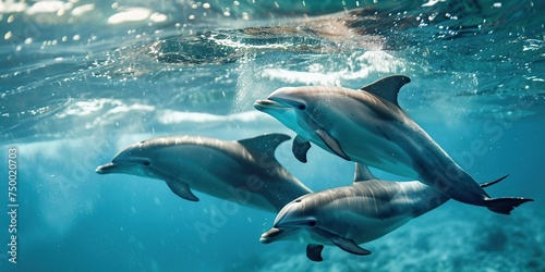 Three marine dolphins with blue fins swim in the liquid ocean together