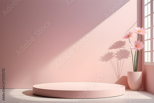Podiums white circles for presentation under the shadow of flowers in a vase on a light pink background. Playground AI platform