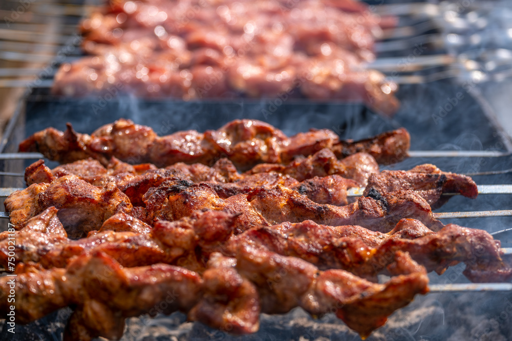 Meat kebab on skewers on coals in the grill. Meat kebab on skewers on coals in the grill.