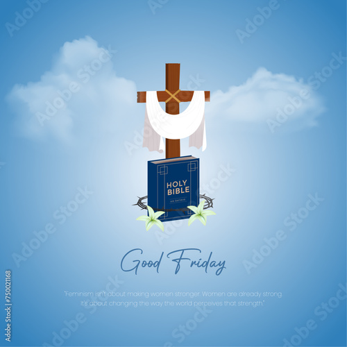 Good Friday vector illustration for christian religious occasion with cross, bible, flower. christian background, greetings, banners, poster, logo, symbol, religious elements. vector illustration.