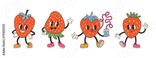 Groovy strawberry set. Hand draw Funny Retro vintage trendy style strawberry cartoon character. Doodle Comic collection
