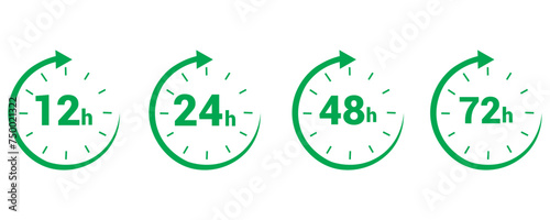 12, 24, 48, 72 hours clock arrow. symbol work time, delivery and service time, isolated green on white , Vector illustrationeps10