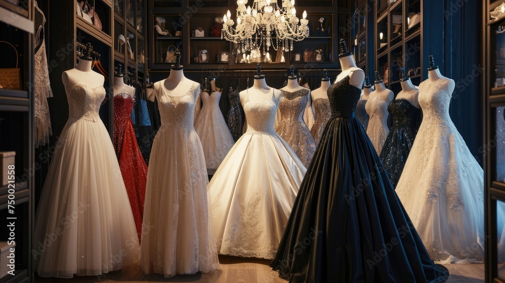 A collection of stunning wedding dresses showcases diverse styles and intricate designs in a well-lit bridal boutique..