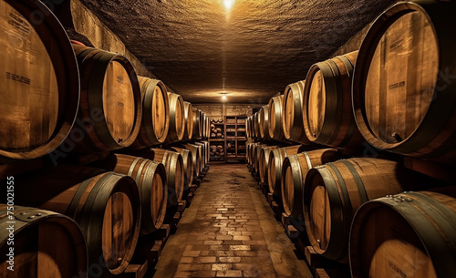 Wine barrels in a wine cellar. Oak Wine Barrels in winemaking and Winery Barrel room. Wooden oak barrels with whiskey in storage  Vintage Wine in an old barrel. Wood Wines Barrels In Winery Cellar.