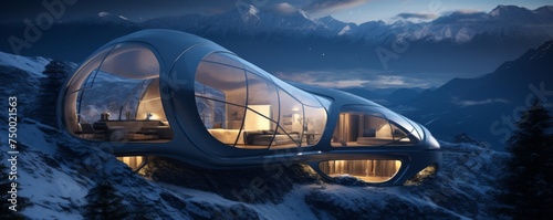 Luxury and modern tourist shelter, cottage in the mountains at night, banner. Generative Ai. photo