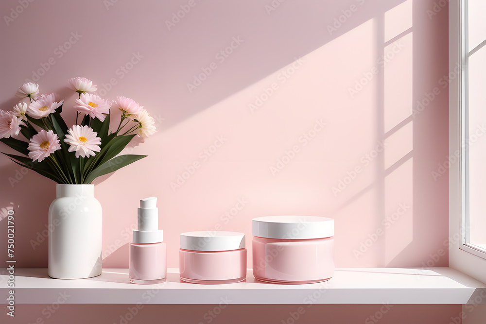 White podiums for the presentation of creams in round jars and tubes under the shadow of flowers in a vase on a light pink background. Playground AI platform White podiums for the presentation of creams in round jars and tubes under the shadow of flowers in a vase on a light pink background. Playground AI platform