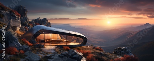 Luxury and modern tourist shelter, cottage in the mountains with sunset light, banner. Generative Ai.