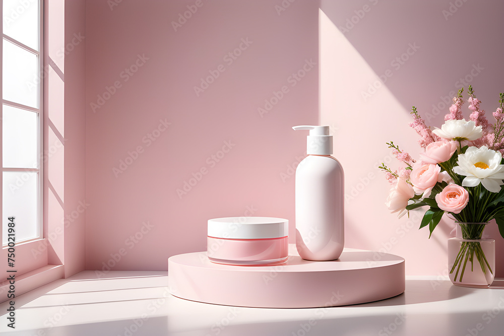 White podiums for the presentation of creams in round jars and tubes under the shadow of flowers in a vase on a light pink background. Playground AI platform White podiums for the presentation of creams in round jars and tubes under the shadow of flowers in a vase on a light pink background. Playground AI platform
