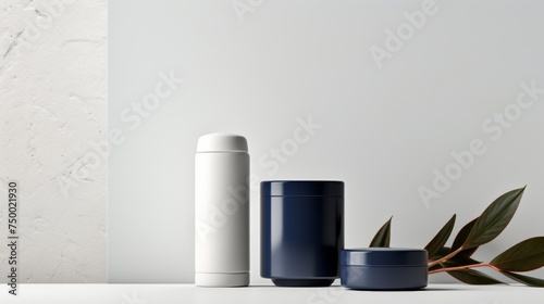 Three minimalist cosmetic jars in navy blue are displayed against a soft gradient background, perfect for beauty branding