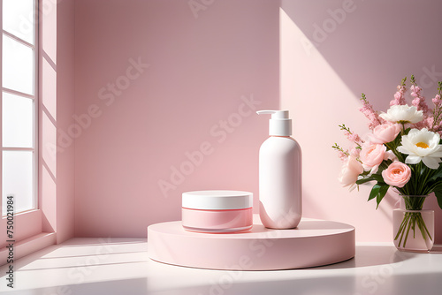 White podiums for the presentation of creams in round jars and tubes under the shadow of flowers in a vase on a light pink background. Playground AI platform