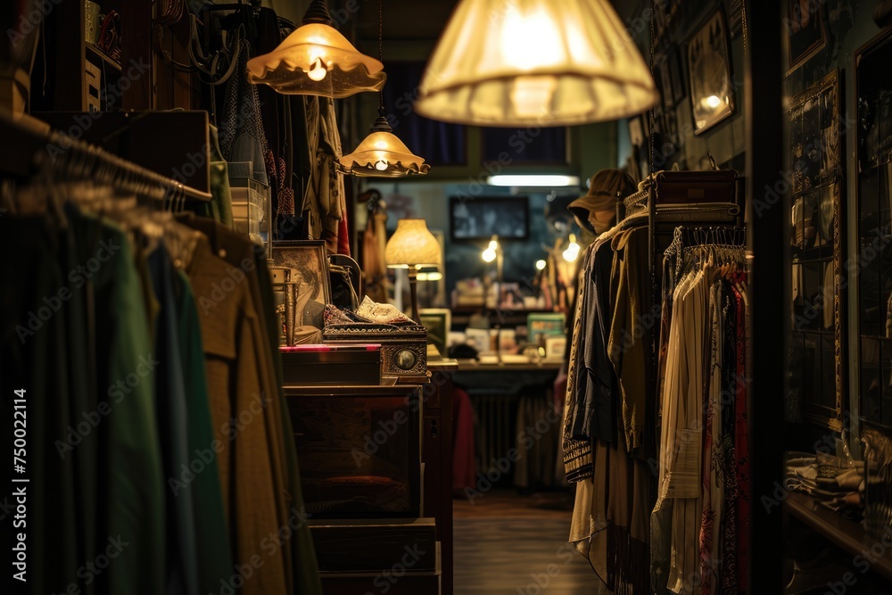 Warmly lit, inviting thrift shop interior featuring a collection of vintage clothing, eclectic decor, and antique furniture..