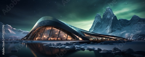 Luxury and modern tourist shelter, cottage in the mountains with aurora lights, banner. Generative Ai.