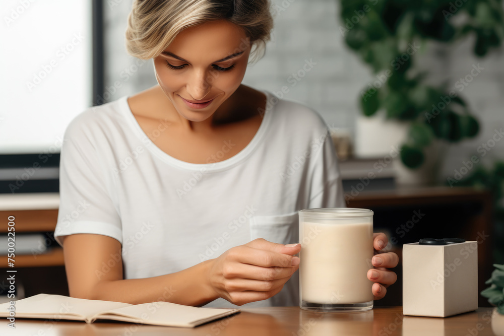 Young woman holding hand made candle. Small business concept Young woman holding hand made candle. Small business concept