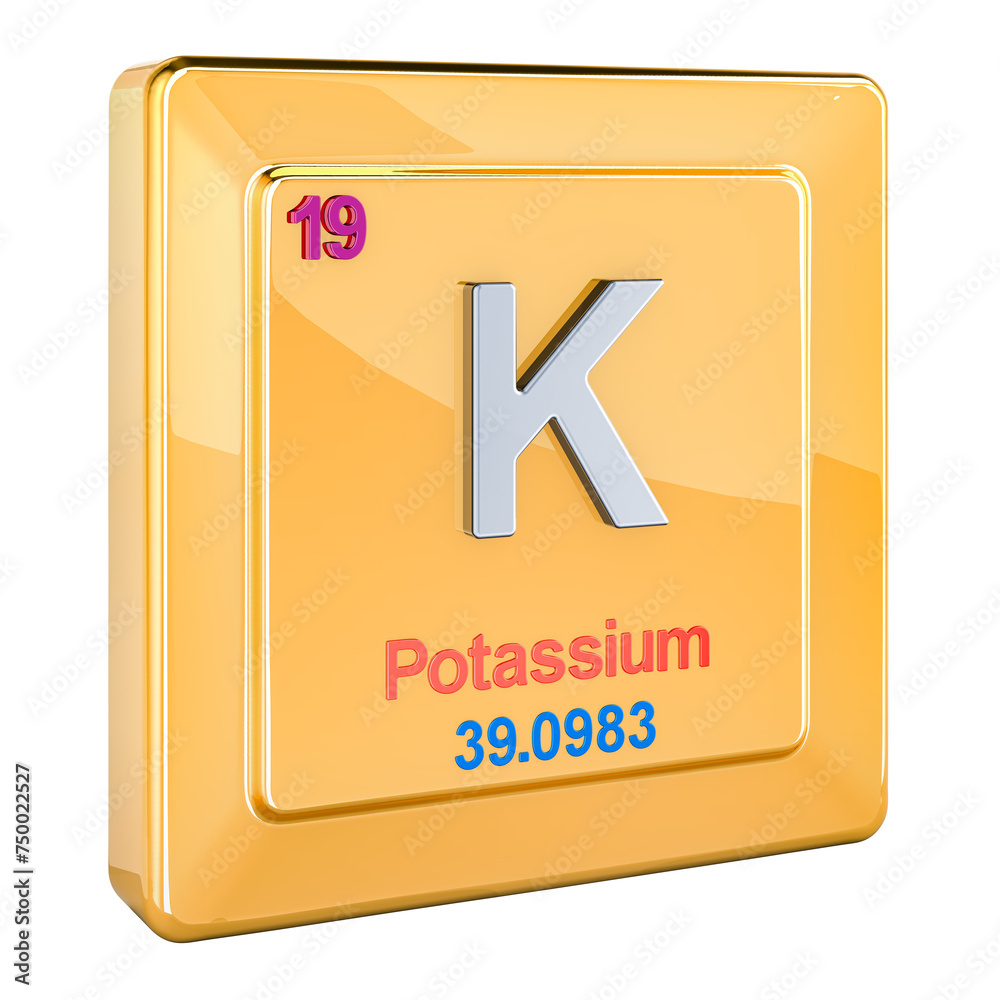 Potassium, iron K chemical element sign with number 19 in periodic table. 3D rendering isolated on transparent background Potassium, iron K chemical element sign with number 19 in periodic table. 3D rendering isolated on transparent background