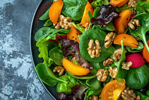 Fresh and healthy salad with a variety of colorful vegetables, nuts and seeds on a plate in closeup view