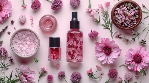 Beauty and skincare products with floral ingredients, including a bowl of pink salt, bottles of oils, and fresh pink blooms, arranged on a pastel background