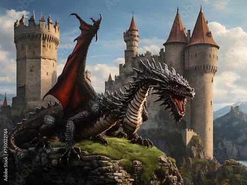 Dragon on the background of a medieval castle © Volodymyr