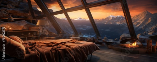 Luxury interior of tourist shelter, cottage in the mountains with sunset light, banner. Generative Ai.