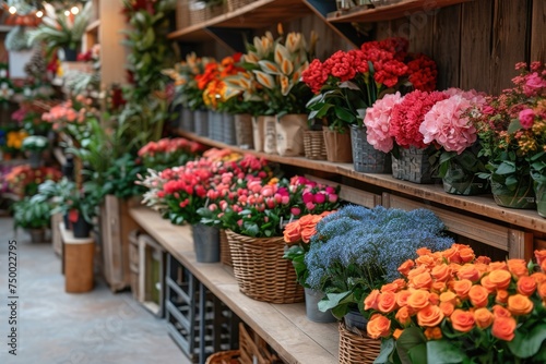 Modern and well-organized flower shop interior brimming with a diverse array of colorful flowers and lush green plants  creating a vibrant atmosphere..
