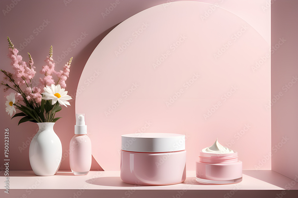 White podiums for the presentation of creams in round jars and tubes under the shadow of flowers in a vase on a light pink background. Playground AI platform White podiums for the presentation of creams in round jars and tubes under the shadow of flowers in a vase on a light pink background. Playground AI platform
