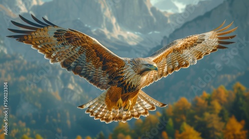 Hawk flying over mountain range during golden hour. Majestic bird. Hunter. Wildlife. Eagle. Falcon.