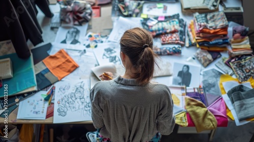  fashion designer meticulously selects textiles amidst a vibrant array of fabric swatches and sketches, a snapshot of the creative process in fashion design photo