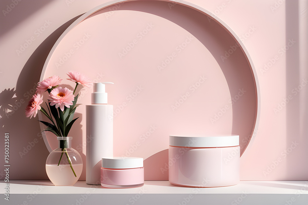 White podiums for the presentation of creams in round jars and tubes under the shadow of flowers in a vase on a light pink background. Playground AI platform White podiums for the presentation of creams in round jars and tubes under the shadow of flowers in a vase on a light pink background. Playground AI platform
