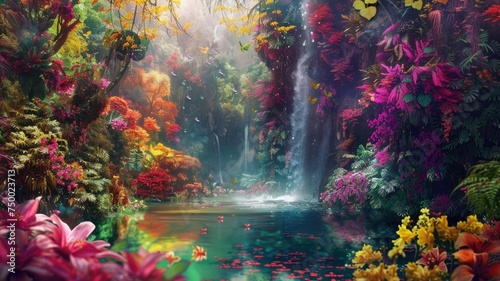 Lush waterfall oasis in vivid floral jungle - A hidden waterfall in a vibrant, tropical jungle paradise bursting with lush, colorful flora